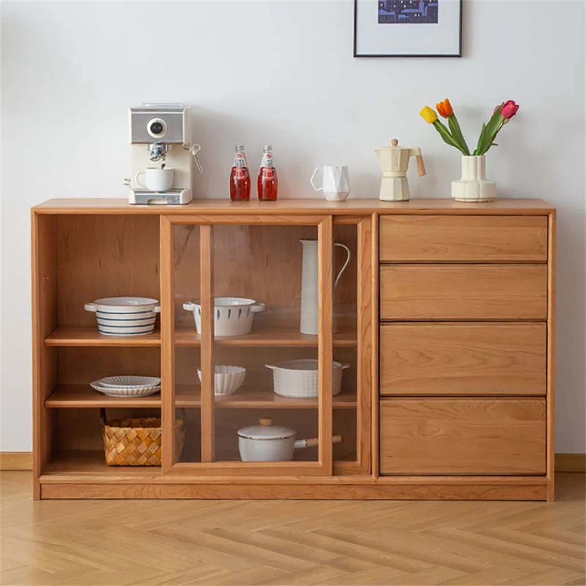 Furnlluxra Natural Wooden Sideboard Cabinet with Glass Sliding Doors & Rattan Storage � Mid-Century Modern Buffet Console