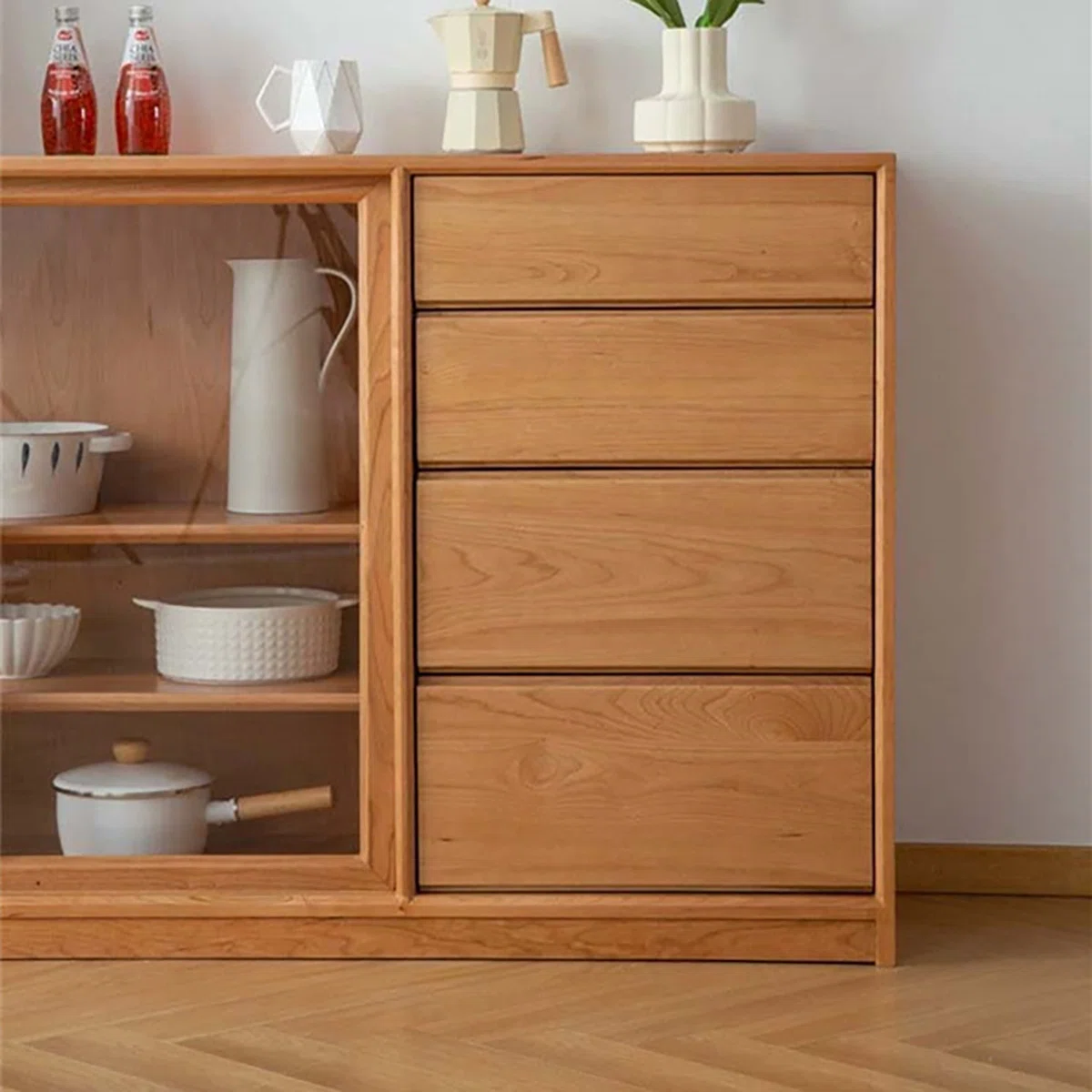 Furnlluxra Natural Wooden Sideboard Cabinet with Glass Sliding Doors & Rattan Storage � Mid-Century Modern Buffet Console