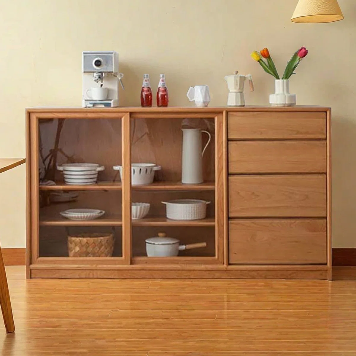 Furnlluxra Natural Wooden Sideboard Cabinet with Glass Sliding Doors & Rattan Storage � Mid-Century Modern Buffet Console