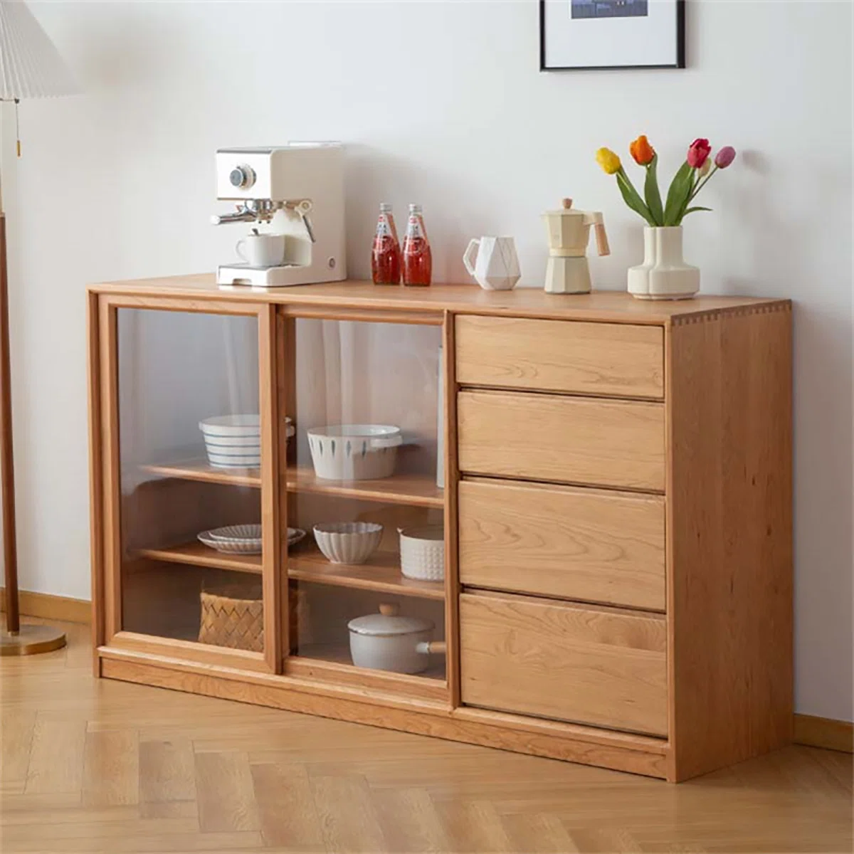 Furnlluxra Natural Wooden Sideboard Cabinet with Glass Sliding Doors & Rattan Storage � Mid-Century Modern Buffet Console