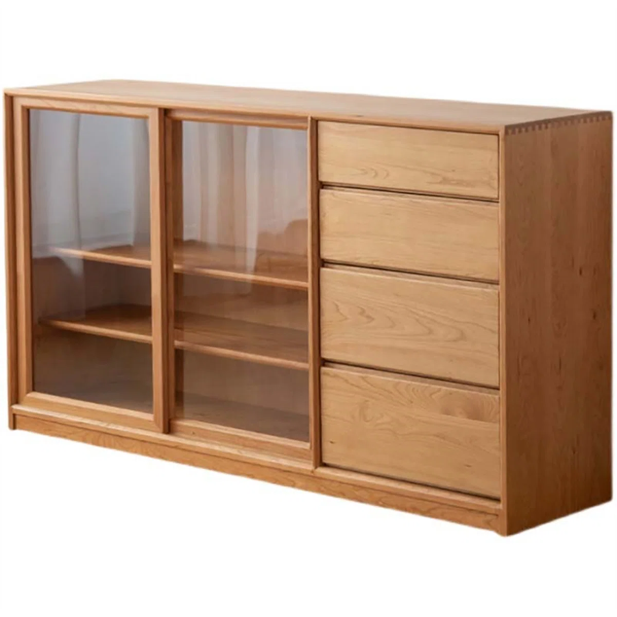 Furnlluxra Natural Wooden Sideboard Cabinet with Glass Sliding Doors & Rattan Storage � Mid-Century Modern Buffet Console