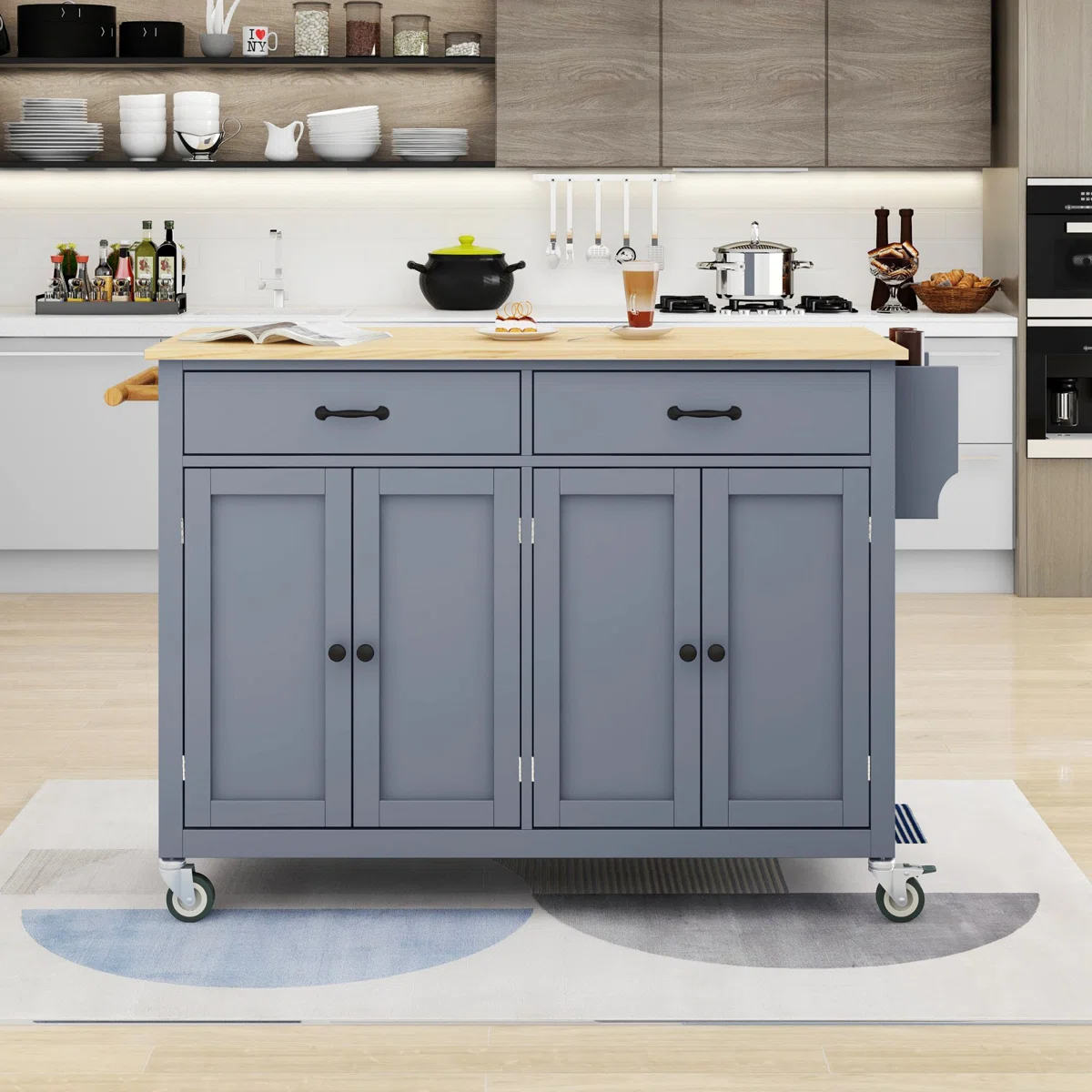 Furnllxra Multi-Functional Kitchen Island Trolley with Storage Cabinets, Drawers & Wheels � Grey, 47.24� Wide