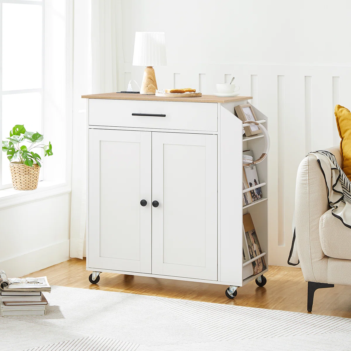 Furnlluxa White Kitchen Storage Trolley with Adjustable Shelf, Side Rack & Wheels � Compact Rolling Cabinet