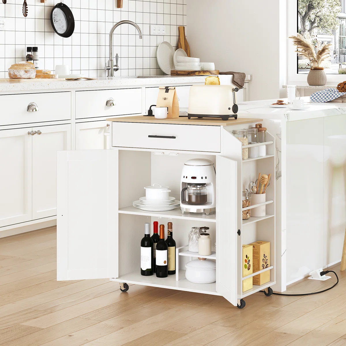 Furnlluxa White Kitchen Storage Trolley with Adjustable Shelf, Side Rack & Wheels � Compact Rolling Cabinet