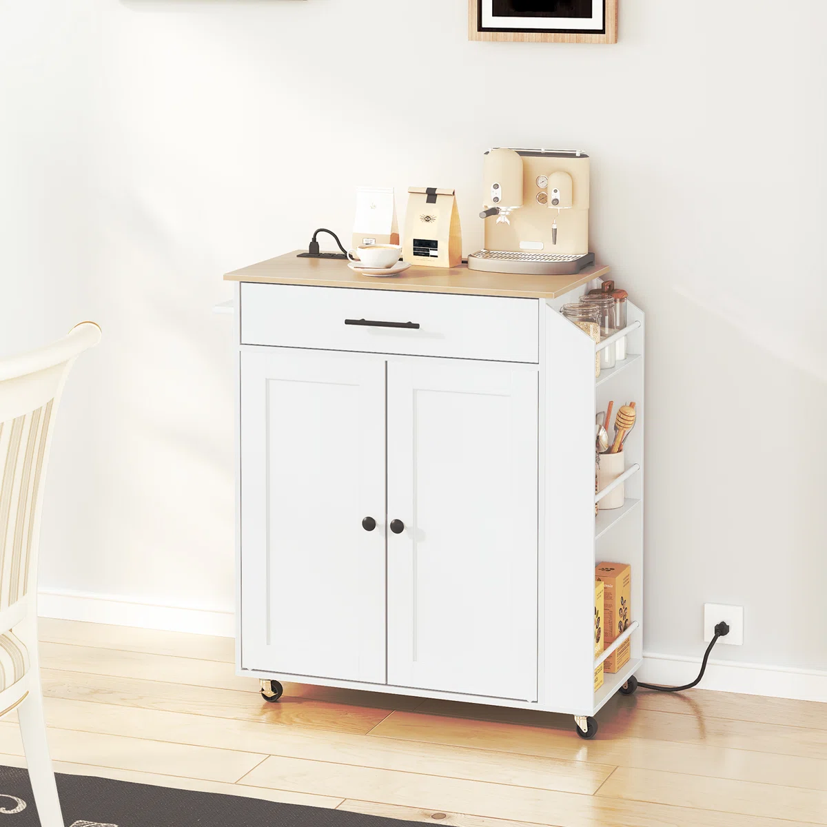 Furnlluxa White Kitchen Storage Trolley with Adjustable Shelf, Side Rack & Wheels � Compact Rolling Cabinet