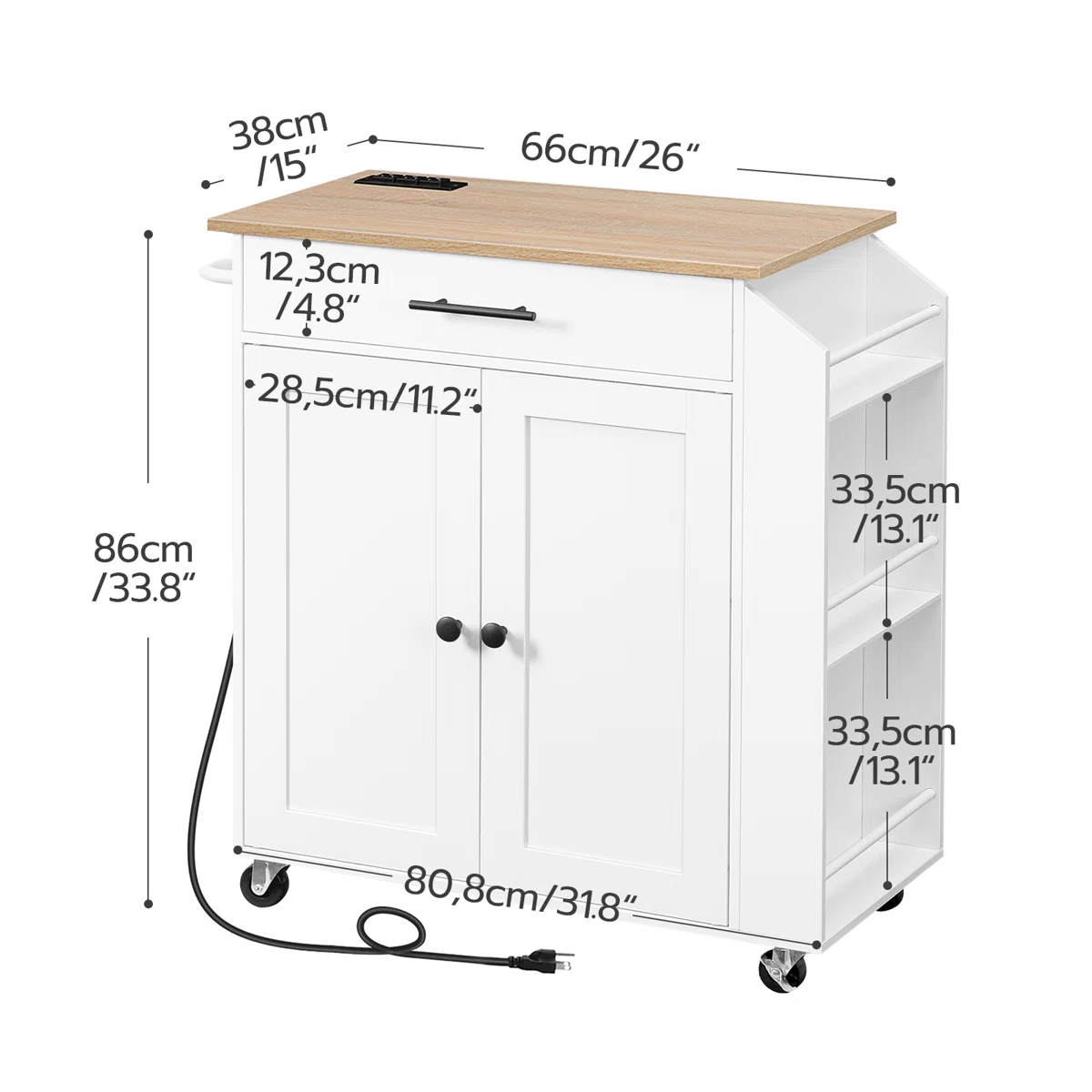 Furnlluxa White Kitchen Storage Trolley with Adjustable Shelf, Side Rack & Wheels � Compact Rolling Cabinet