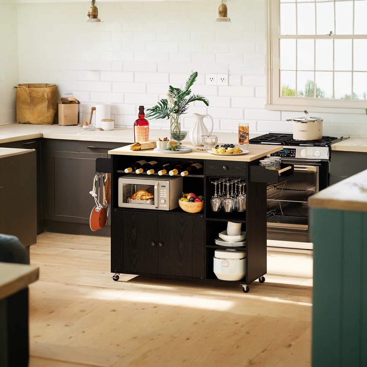 Modern Bar Kitchen Island Cart with Drop Leaf, Wine Rack, Glass Holder & Storage Shelves � Black Finish