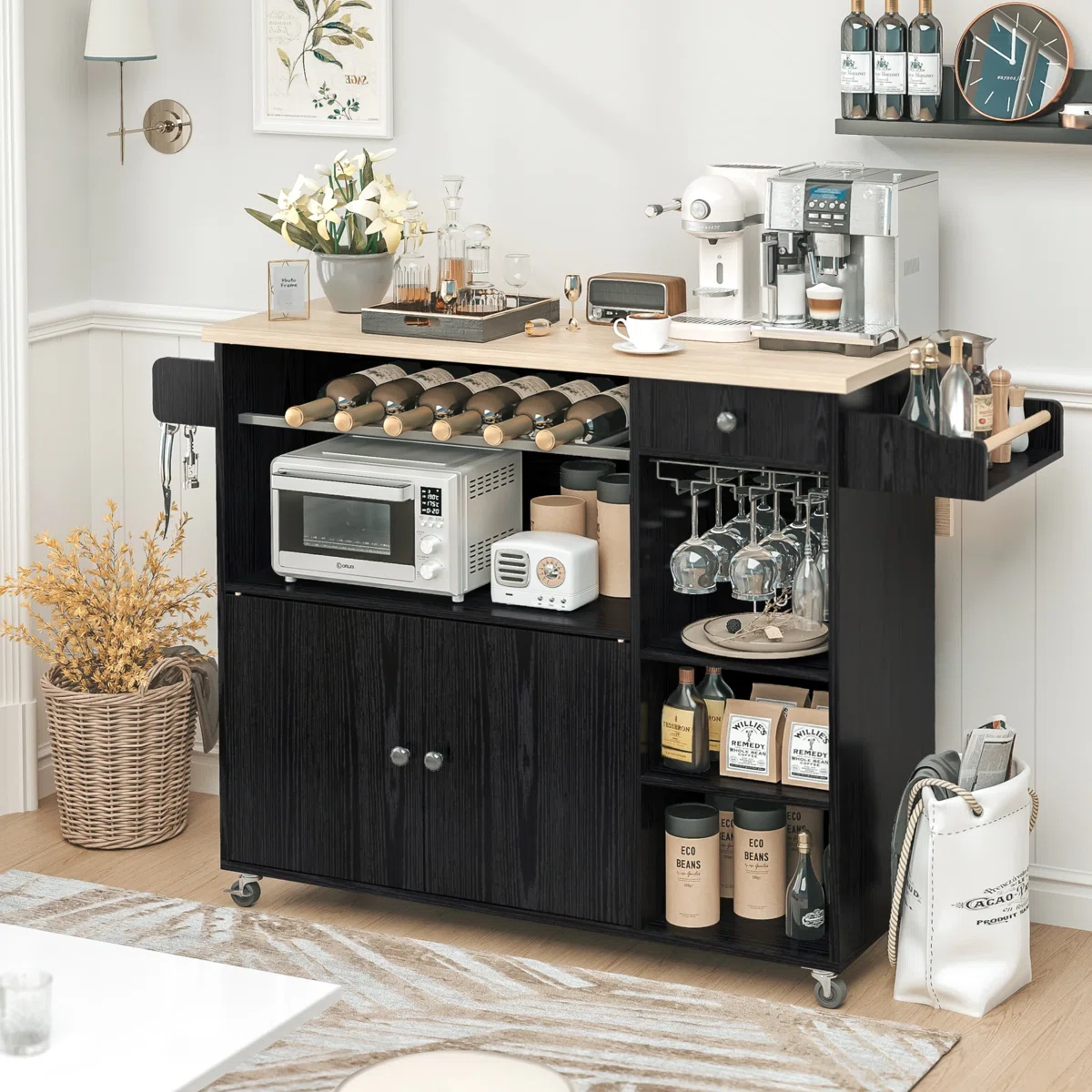 Modern Bar Kitchen Island Cart with Drop Leaf, Wine Rack, Glass Holder & Storage Shelves � Black Finish
