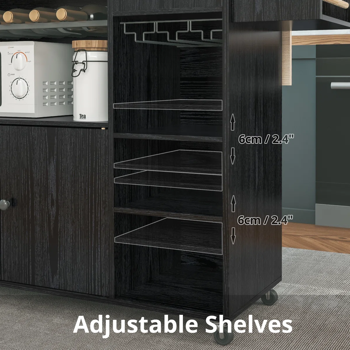 Modern Bar Kitchen Island Cart with Drop Leaf, Wine Rack, Glass Holder & Storage Shelves � Black Finish