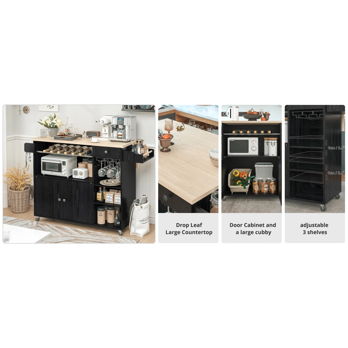 Modern Bar Kitchen Island Cart with Drop Leaf, Wine Rack, Glass Holder & Storage Shelves � Black Finish