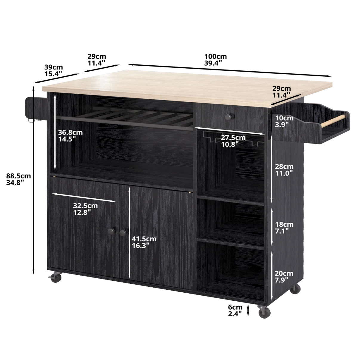 Modern Bar Kitchen Island Cart with Drop Leaf, Wine Rack, Glass Holder & Storage Shelves � Black Finish
