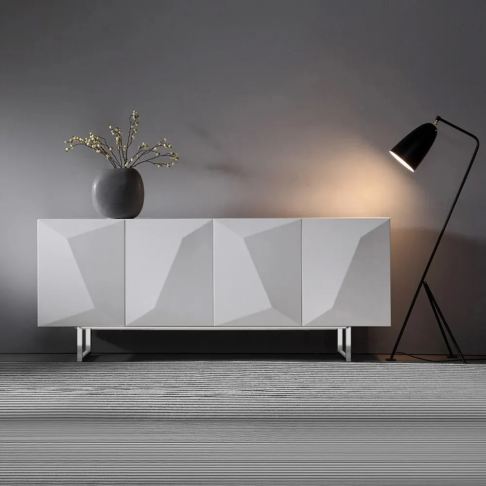 Modern White Geometric Sideboard Cabinet  4 Door Storage Buffet with Metal Legs