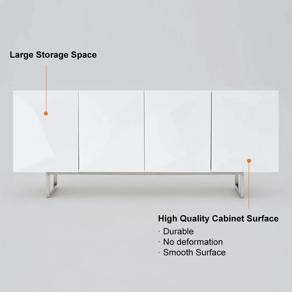 Modern White Geometric Sideboard Cabinet  4 Door Storage Buffet with Metal Legs