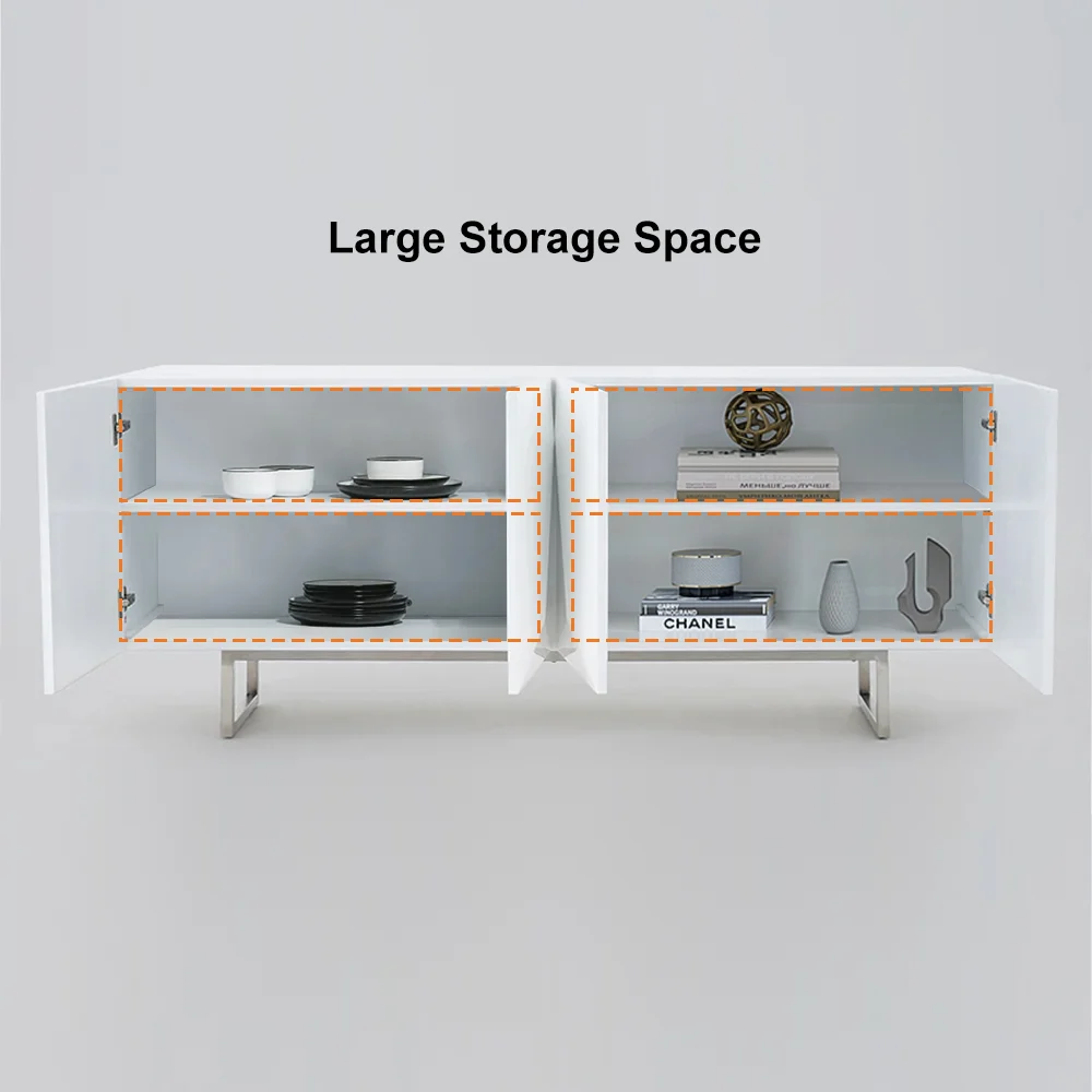 Modern White Geometric Sideboard Cabinet  4 Door Storage Buffet with Metal Legs