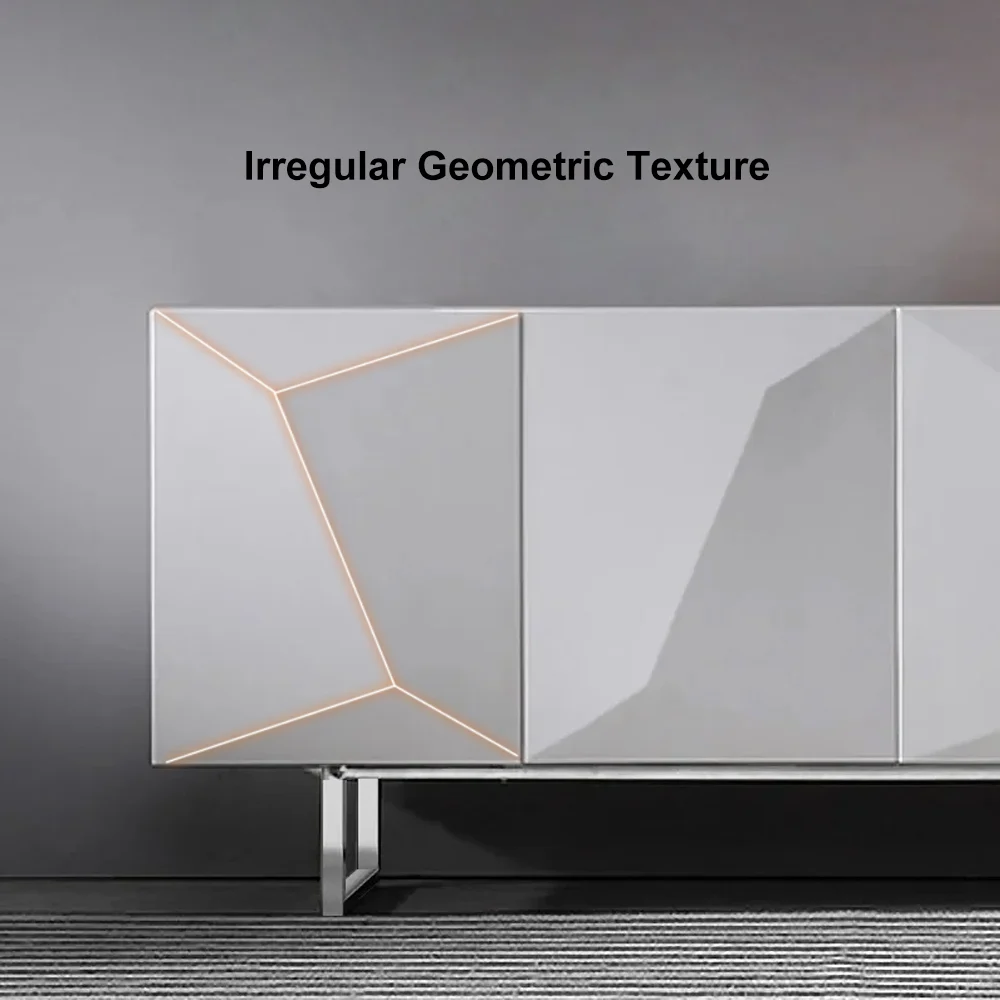 Modern White Geometric Sideboard Cabinet  4 Door Storage Buffet with Metal Legs