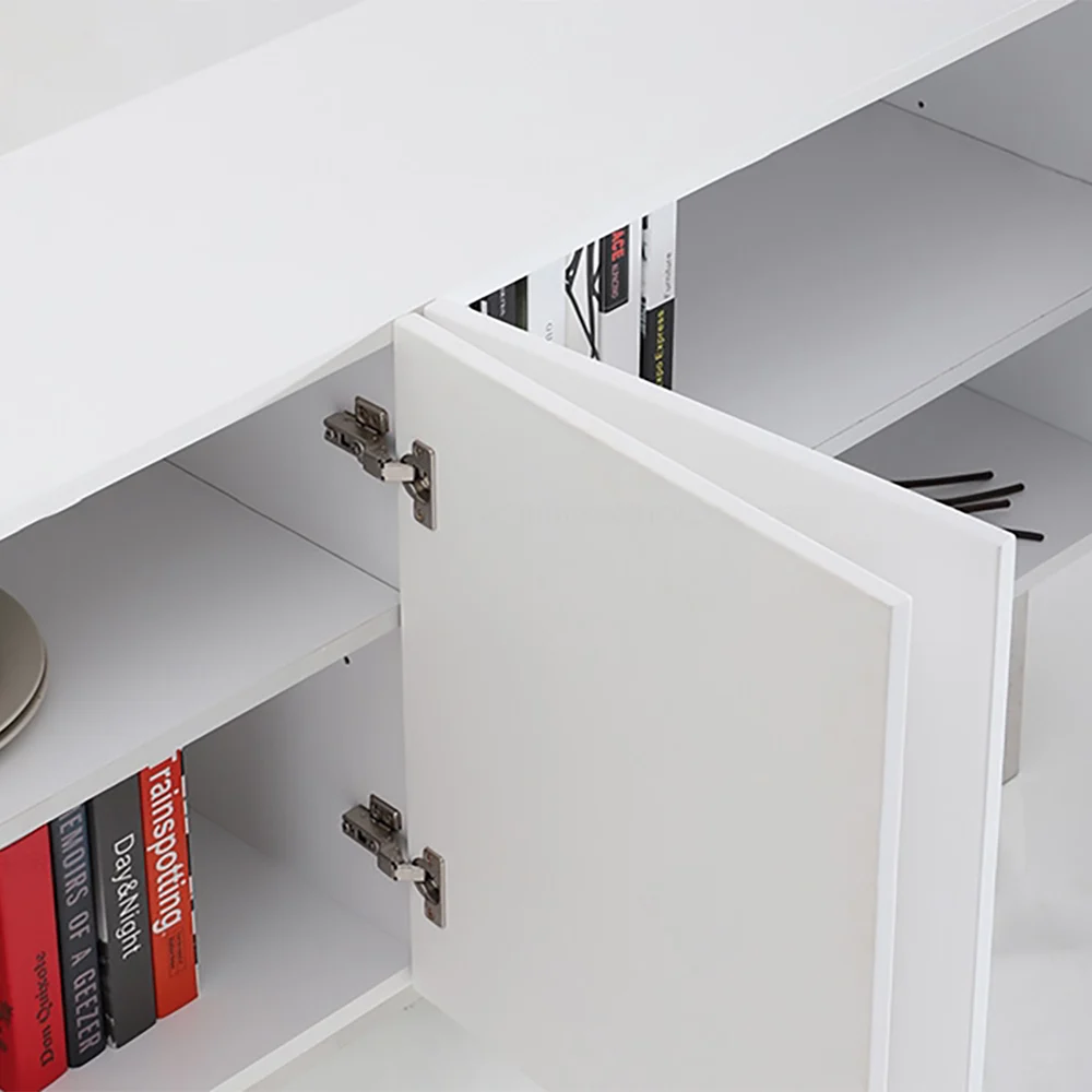 Modern White Geometric Sideboard Cabinet  4 Door Storage Buffet with Metal Legs