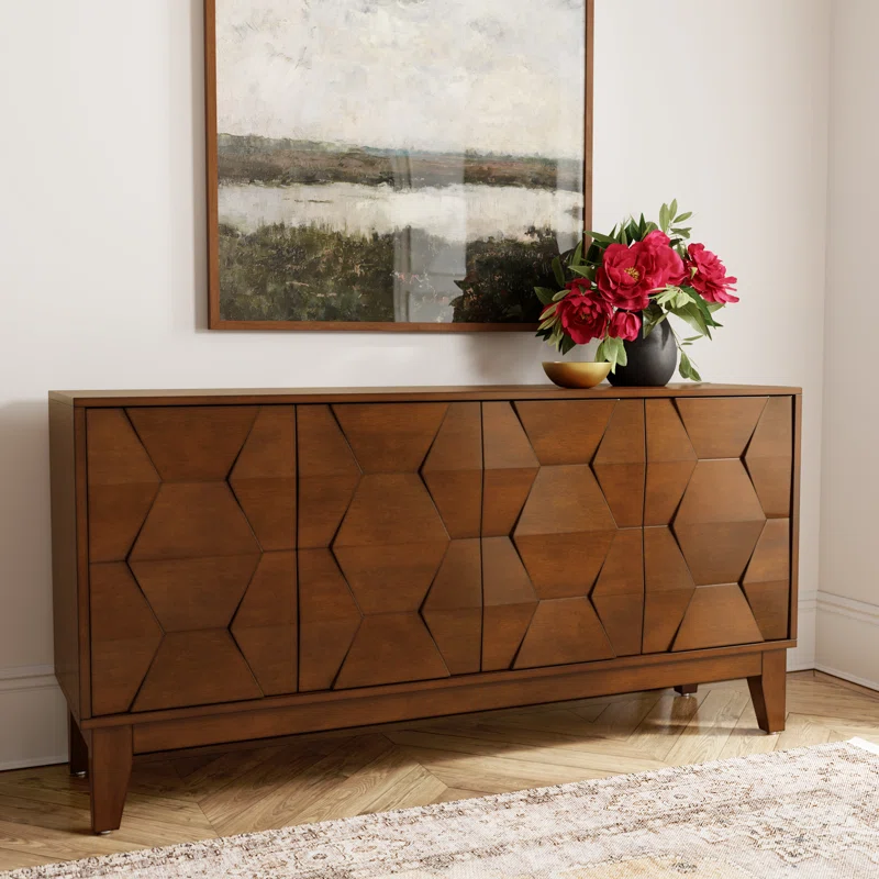 Mid-Century Modern Walnut Sideboard � 60" 4-Door Wooden Buffet Cabinet with Textured Geometric Front