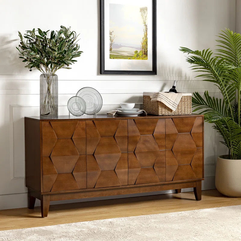 Mid-Century Modern Walnut Sideboard � 60" 4-Door Wooden Buffet Cabinet with Textured Geometric Front