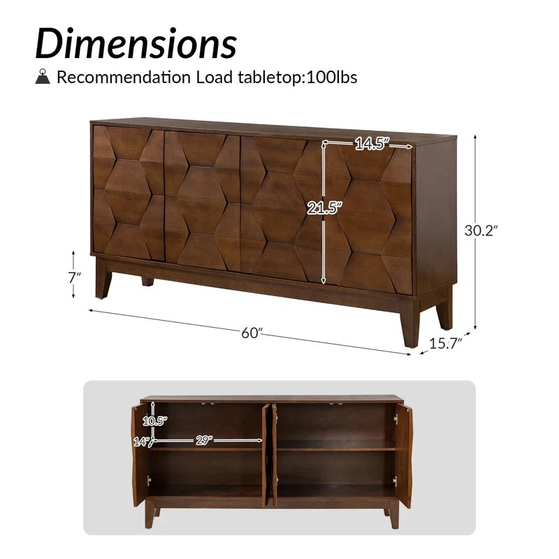 Mid-Century Modern Walnut Sideboard � 60" 4-Door Wooden Buffet Cabinet with Textured Geometric Front