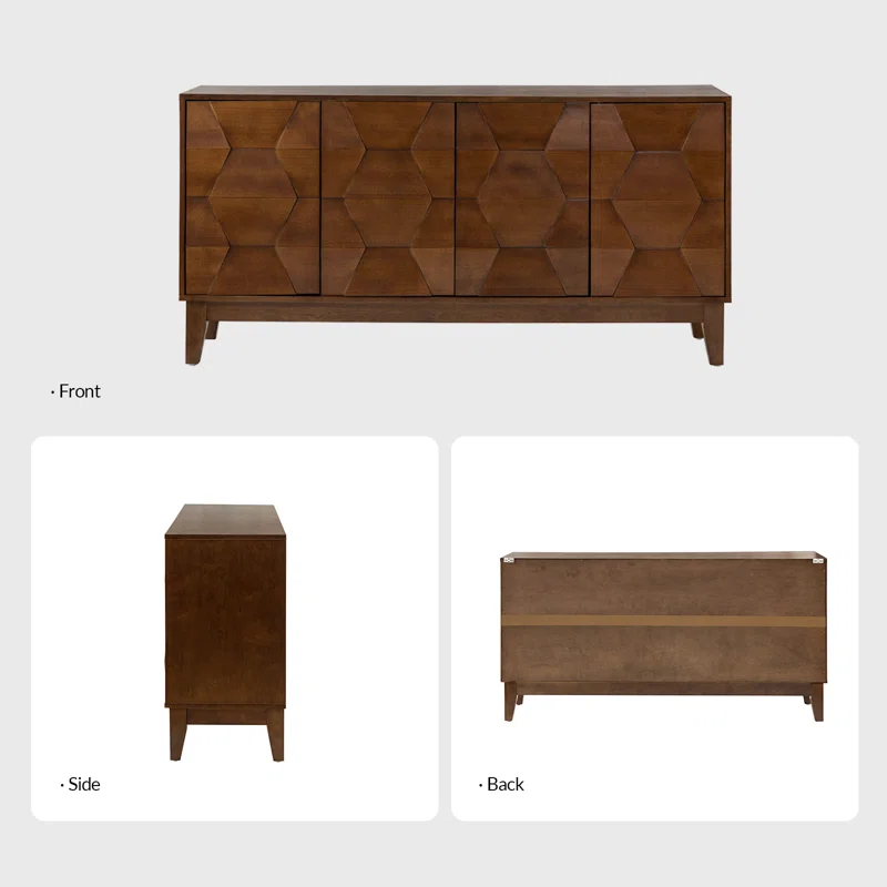 Mid-Century Modern Walnut Sideboard � 60" 4-Door Wooden Buffet Cabinet with Textured Geometric Front