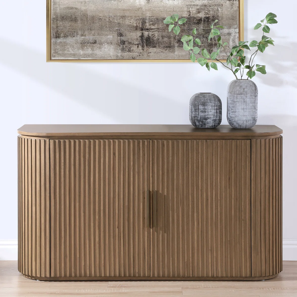 Luxury Wooden Sideboard with Slatted Design and Contemporary Decor Accents