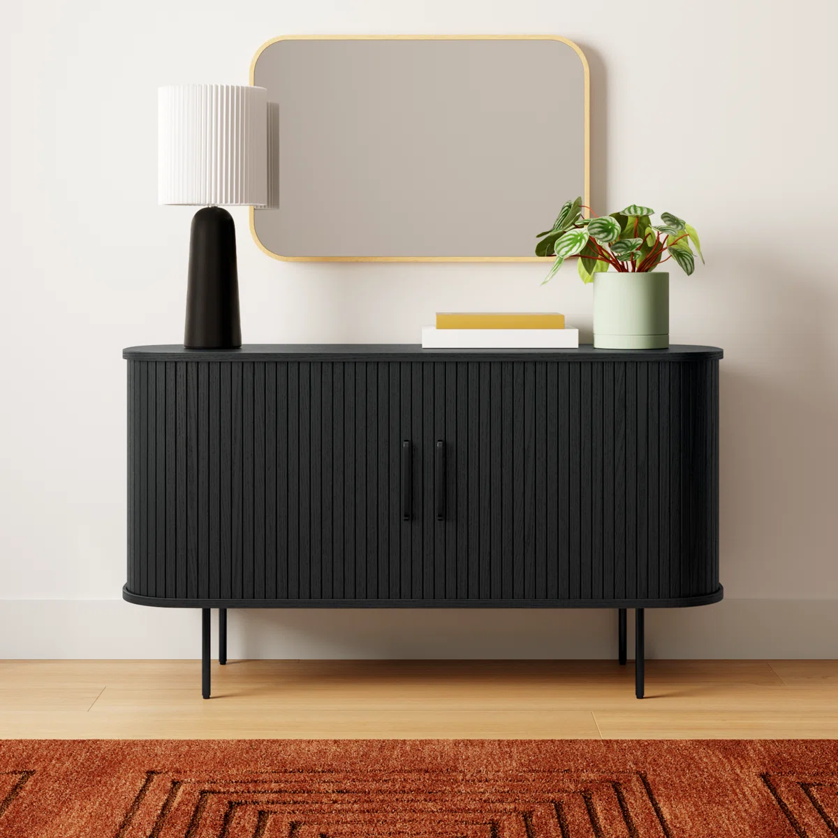 Modern Black Fluted Sideboard Cabinet � Stylish Storage Console with Rounded Corners