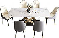 Furnlluxra Stainless Steel Base with Marble Top Six Seater Dining Table Set