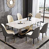 Furnlluxra Stainless Steel Base with Marble Top Six Seater Dining Table Set