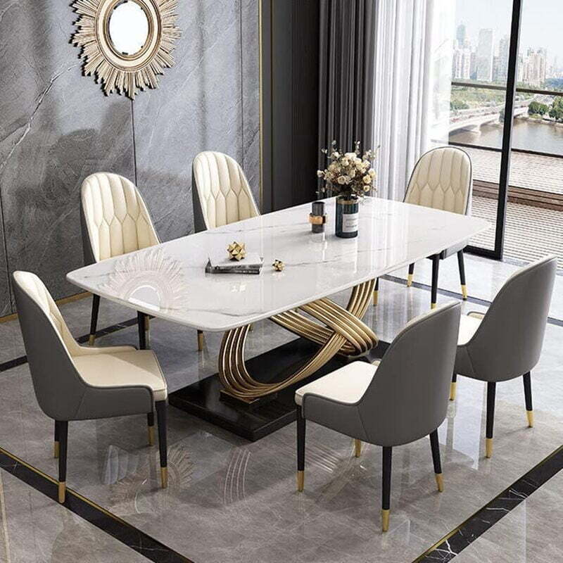 Furnlluxra Stainless Steel Base with Marble Top Six Seater Dining Table Set