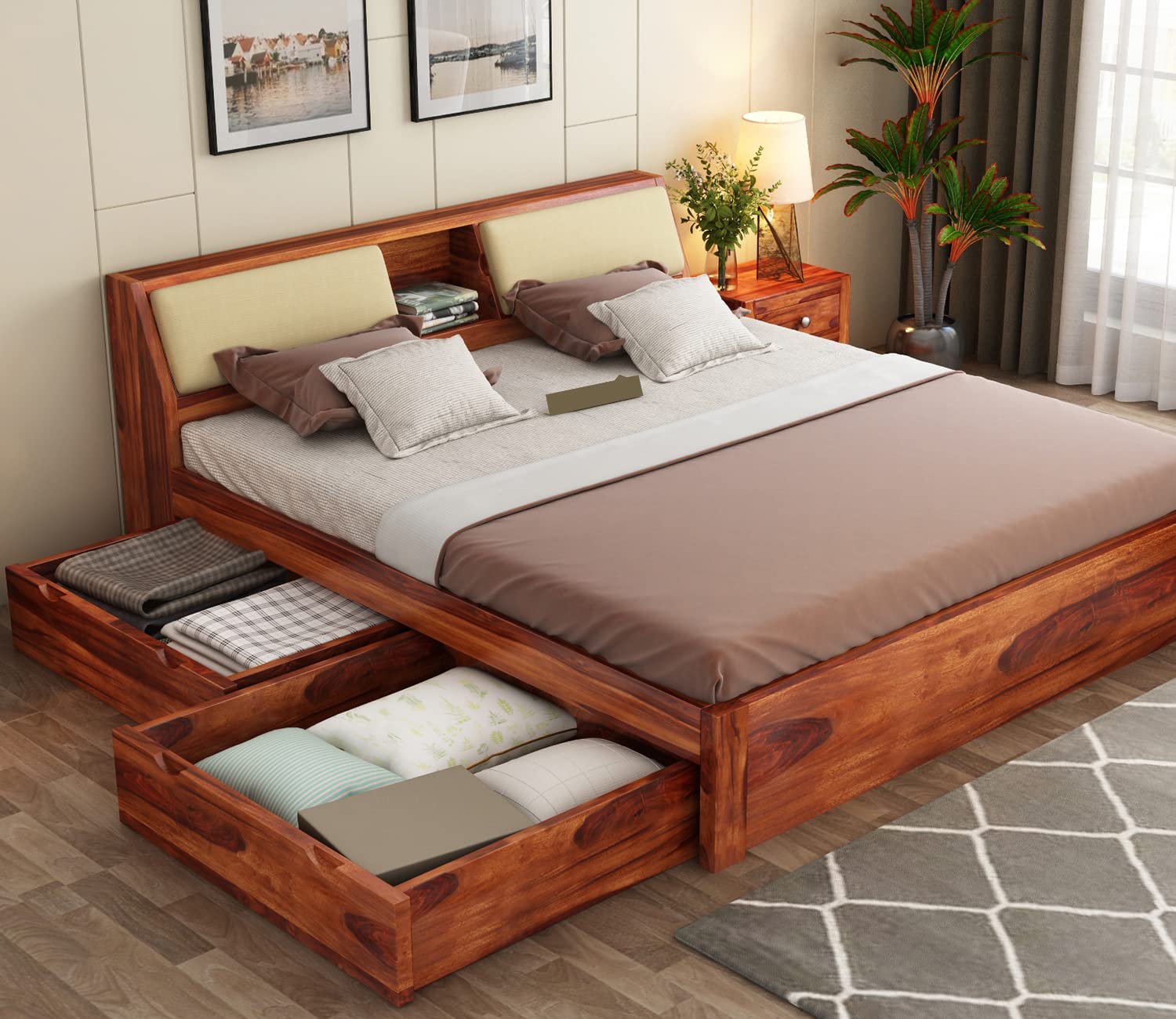 Solid Sheesham Wood King Size Bed with Hydraulic Storage & Cushioned Headboard