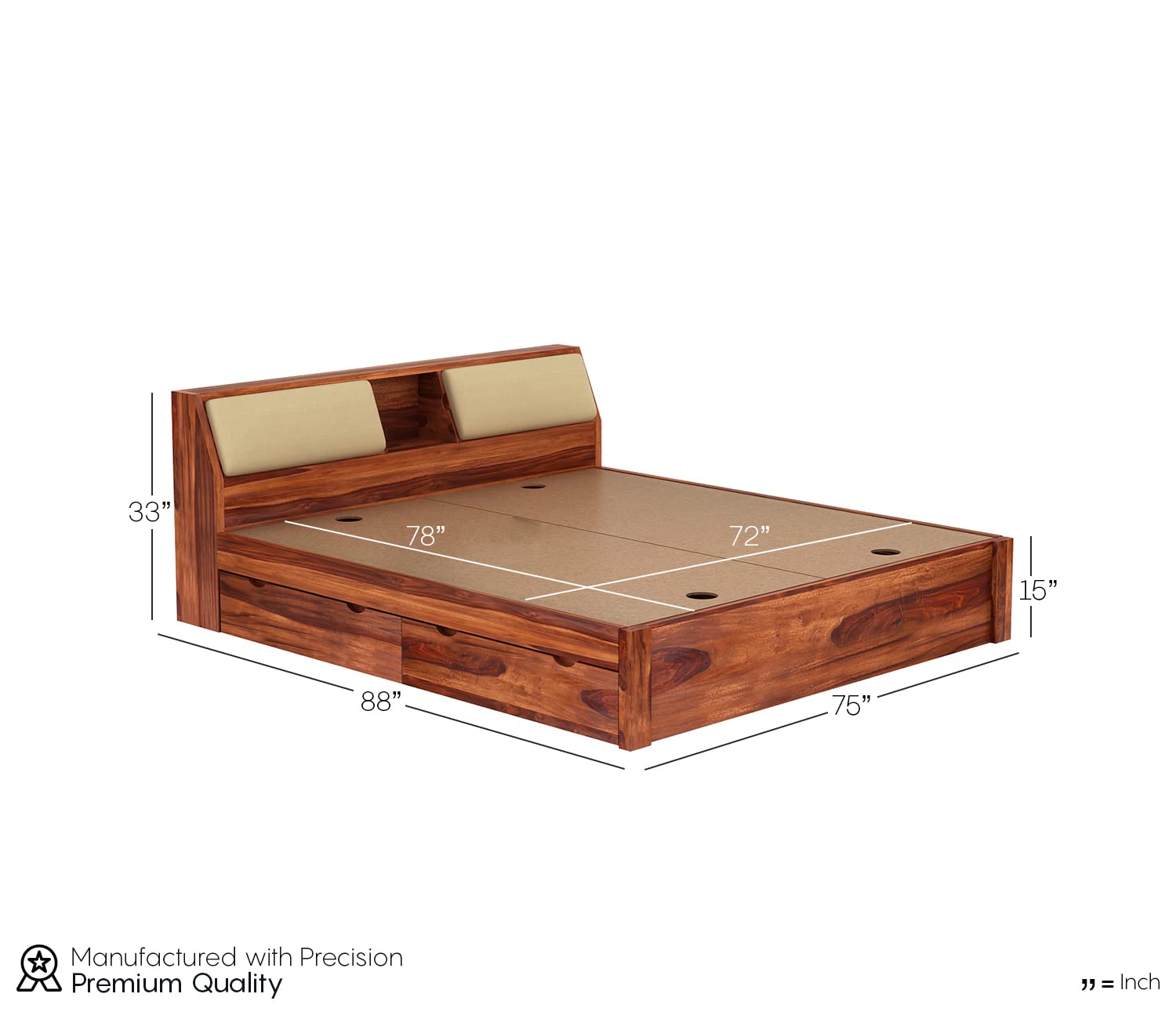 Solid Sheesham Wood King Size Bed with Hydraulic Storage & Cushioned Headboard