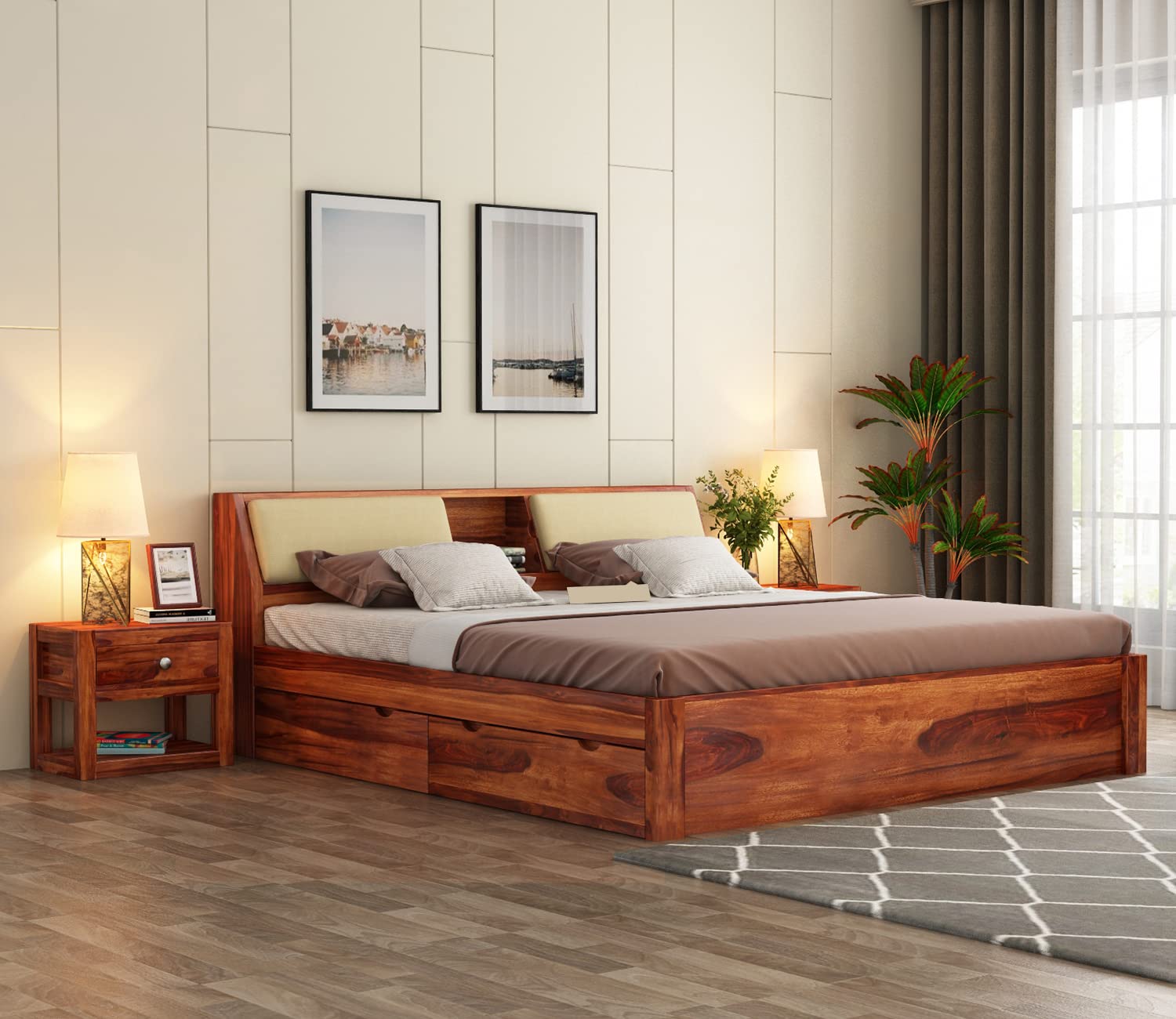 Solid Sheesham Wood King Size Bed with Hydraulic Storage & Cushioned Headboard