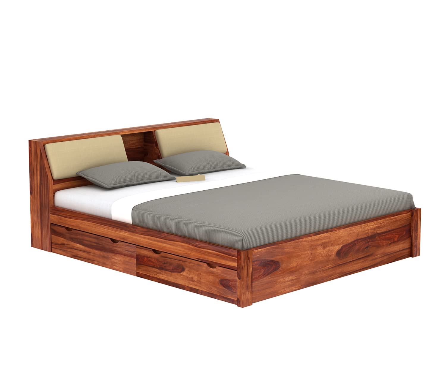 Solid Sheesham Wood King Size Bed with Hydraulic Storage & Cushioned Headboard
