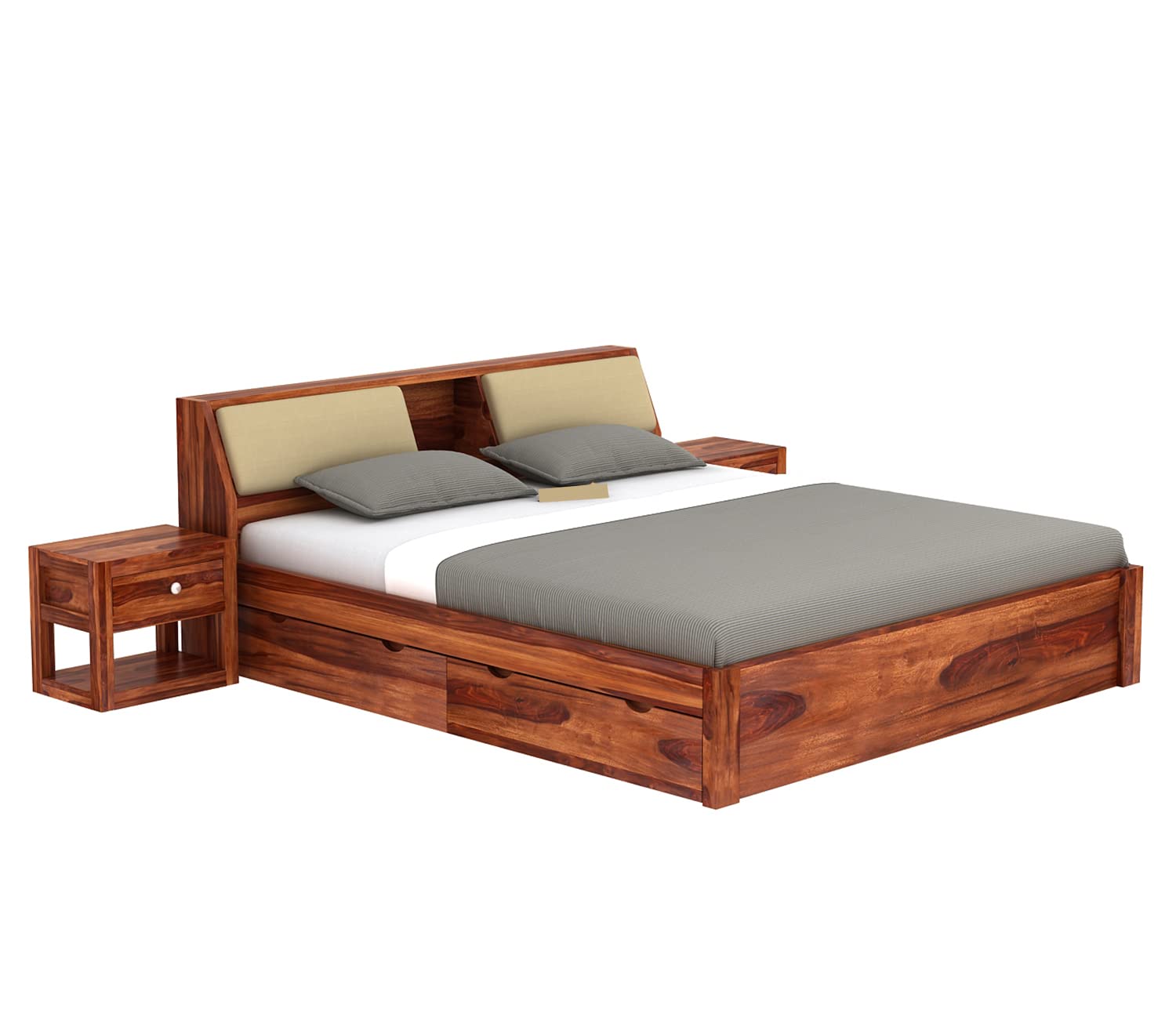 Solid Sheesham Wood King Size Bed with Hydraulic Storage & Cushioned Headboard