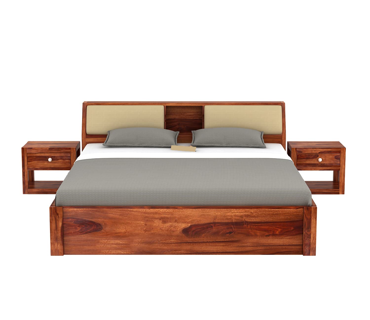 Solid Sheesham Wood King Size Bed with Hydraulic Storage & Cushioned Headboard