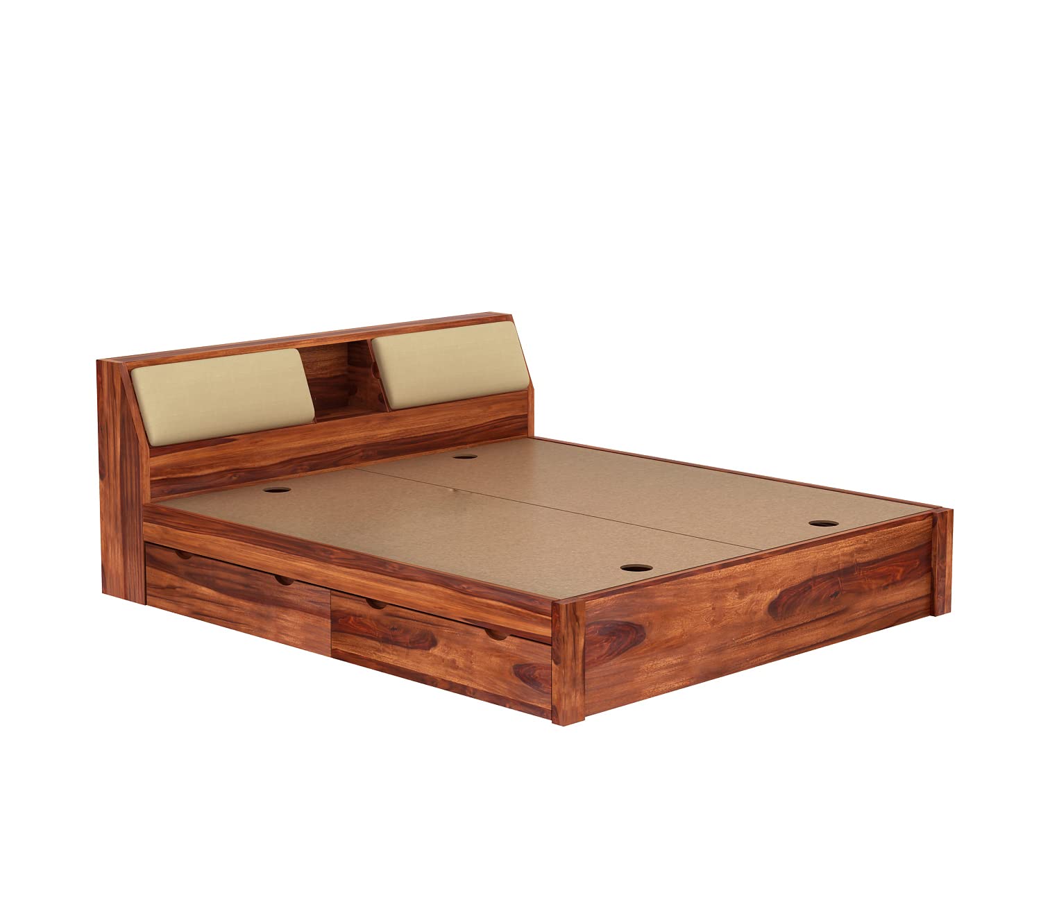 Solid Sheesham Wood King Size Bed with Hydraulic Storage & Cushioned Headboard