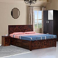 Solid Sheesham Wood King Size Bed with Storage & Designer Headboard – Includes Matching Nightstand
