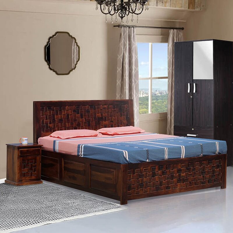 Solid Sheesham Wood King Size Bed with Storage & Designer Headboard – Includes Matching Nightstand
