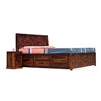 Solid Sheesham Wood King Size Bed with Storage & Designer Headboard – Includes Matching Nightstand
