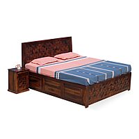 Solid Sheesham Wood King Size Bed with Storage & Designer Headboard – Includes Matching Nightstand
