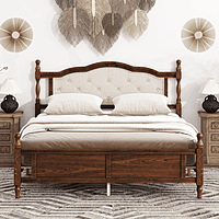 vintage-style wooden bed with an upholstered headboard