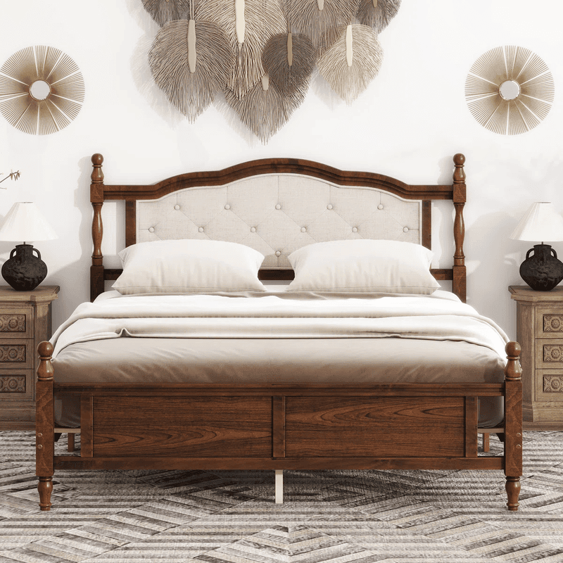 vintage-style wooden bed with an upholstered headboard