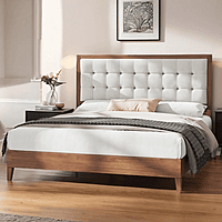 Furnlluxra King Size Wooden Bed with Upholstered Headboard | Modern Solid Wood Platform Bed Frame