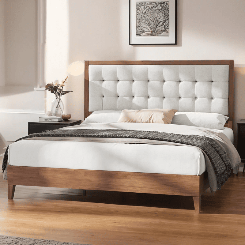 Furnlluxra King Size Wooden Bed with Upholstered Headboard | Modern Solid Wood Platform Bed Frame