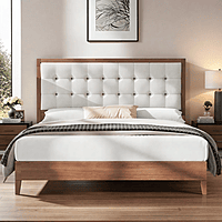 Furnlluxra King Size Wooden Bed with Upholstered Headboard | Modern Solid Wood Platform Bed Frame