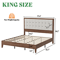 Furnlluxra King Size Wooden Bed with Upholstered Headboard | Modern Solid Wood Platform Bed Frame