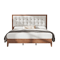 Furnlluxra King Size Wooden Bed with Upholstered Headboard | Modern Solid Wood Platform Bed Frame