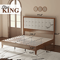 Furnlluxra King Size Wooden Bed with Upholstered Headboard | Modern Solid Wood Platform Bed Frame