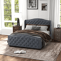 Furnlluxra Queen Size Tufted Upholstered Platform Bed with Nailhead Trim - Dark Grey Velvet