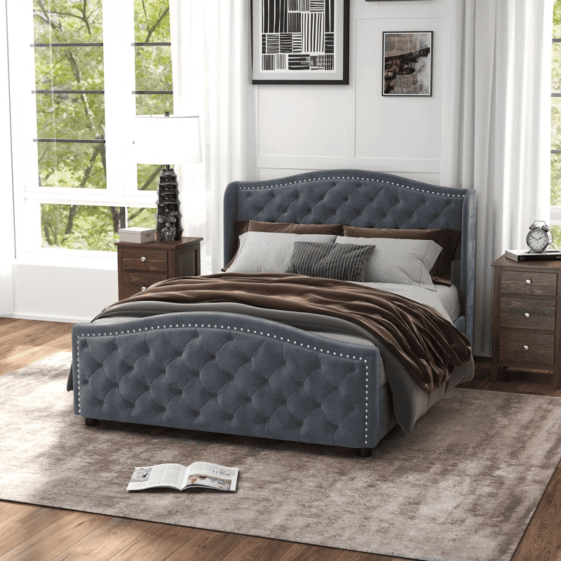 Furnlluxra Queen Size Tufted Upholstered Platform Bed with Nailhead Trim - Dark Grey Velvet